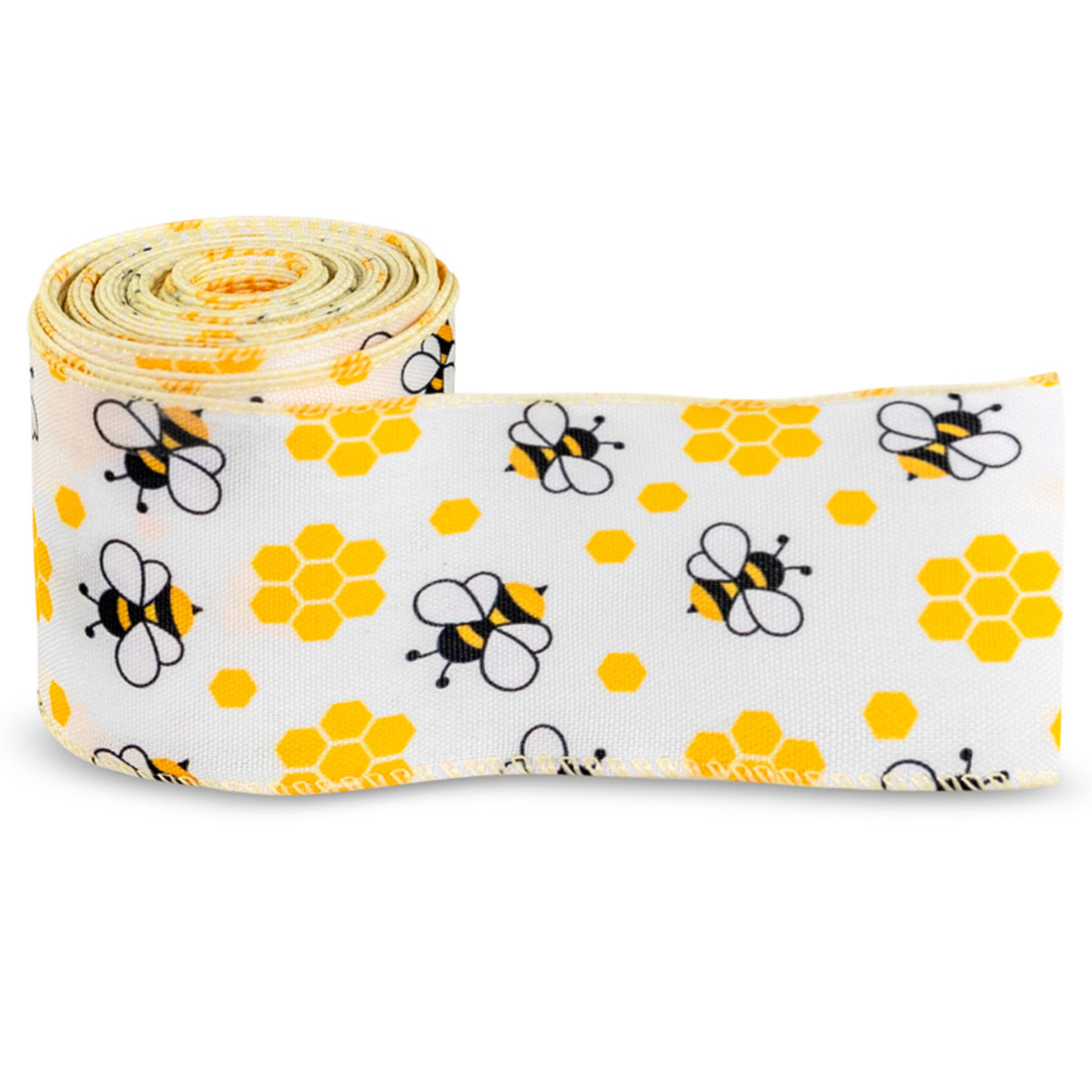 Gift ribbon with bee and honeycomb motif 64 mm