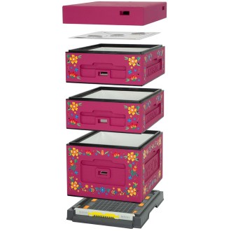 Dadant OPTIMA Hive, varnished (dark pink), printed - flowers, disassembled