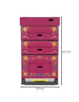 Dadant OPTIMA Hive, varnished (dark pink), printed - flowers, disassembled