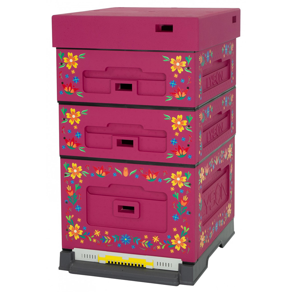 Dadant OPTIMA Hive, varnished (dark pink), printed - flowers, disassembled
